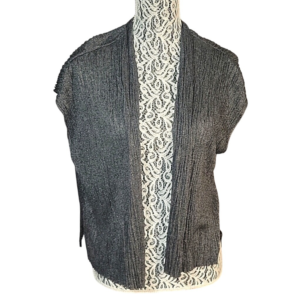Eileen Fisher Gray Metallic‎ Crinkle Pleated Open Front Cardigan Vest S momcore
